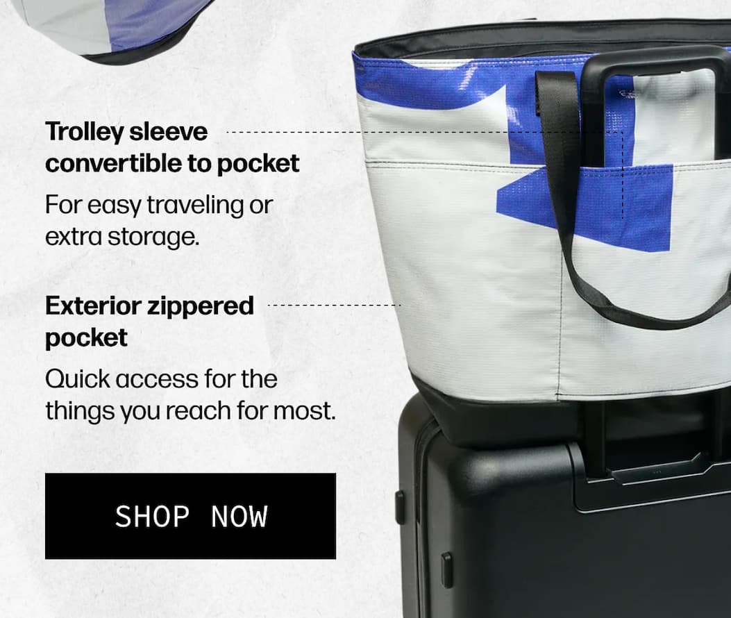 Trolley sleeve convertible to pocket For easy traveling or extra storage. | Exterior zippered pocket Quick access for the things you reach for most. | [SHOP NOW]