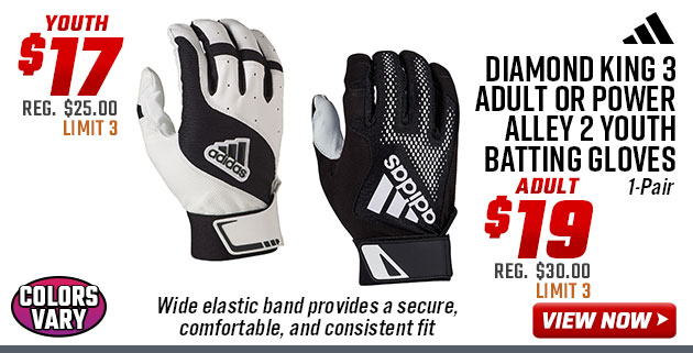 adidas Diamond King 3 Adult or Power Alley 2 Youth Batting Gloves