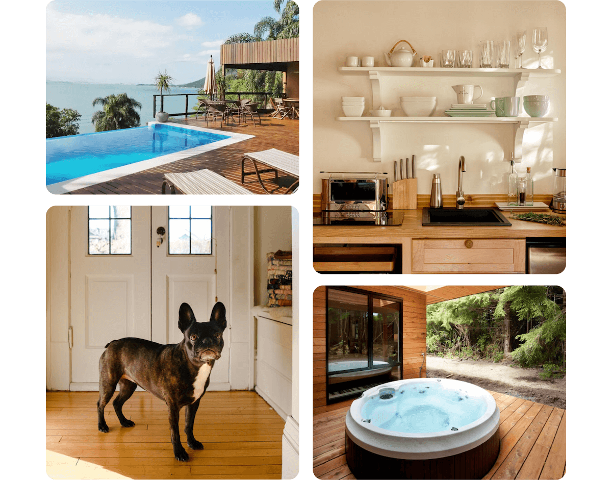 A four-shot sectional featuring various amenities offered by Airbnb. An infinity pool looking out over an ocean, a fully-stocked, modern kitchen, a pet-friendly getaway with a french bulldog waiting by the door, and hot tub waiting at the edge of an enclosed outdoor patio.