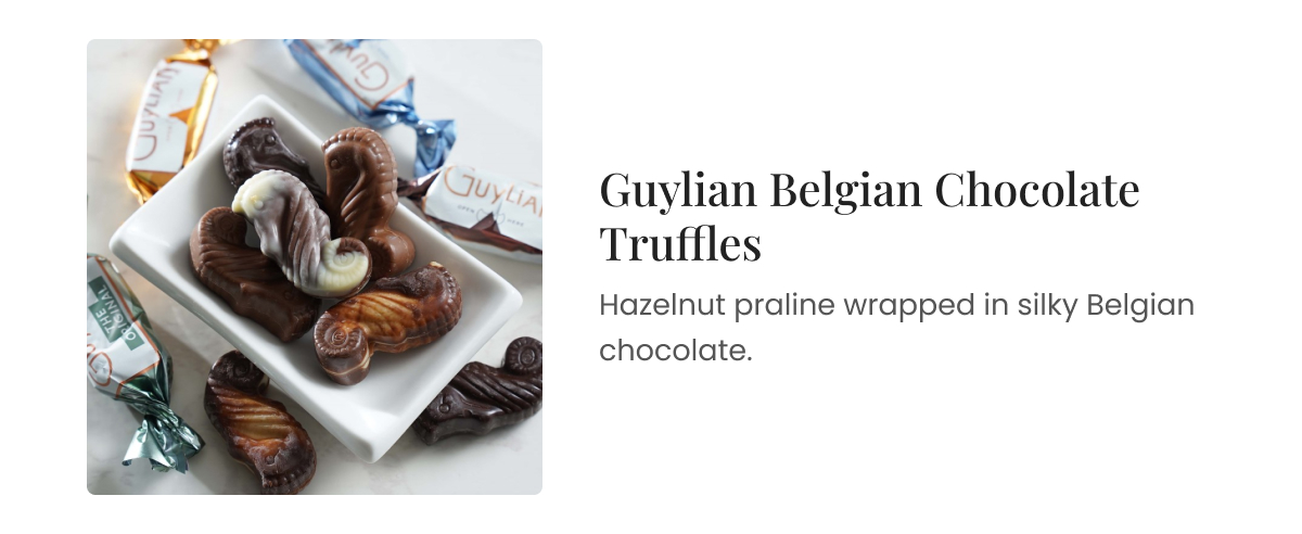 Guylian Belgian Chocolate Truffles. Hazelnut praline wrapped in silky Belgian chocolate.