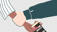 one person's hand grabs another's wrist, with the second person holding a smartphone