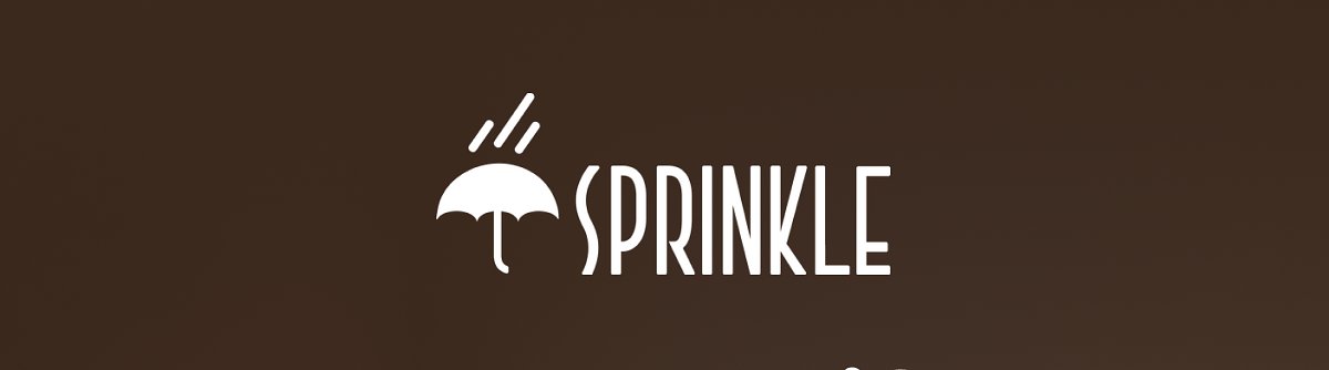 Sprinkle logo featuring an umbrella and raindrops on a brown background.