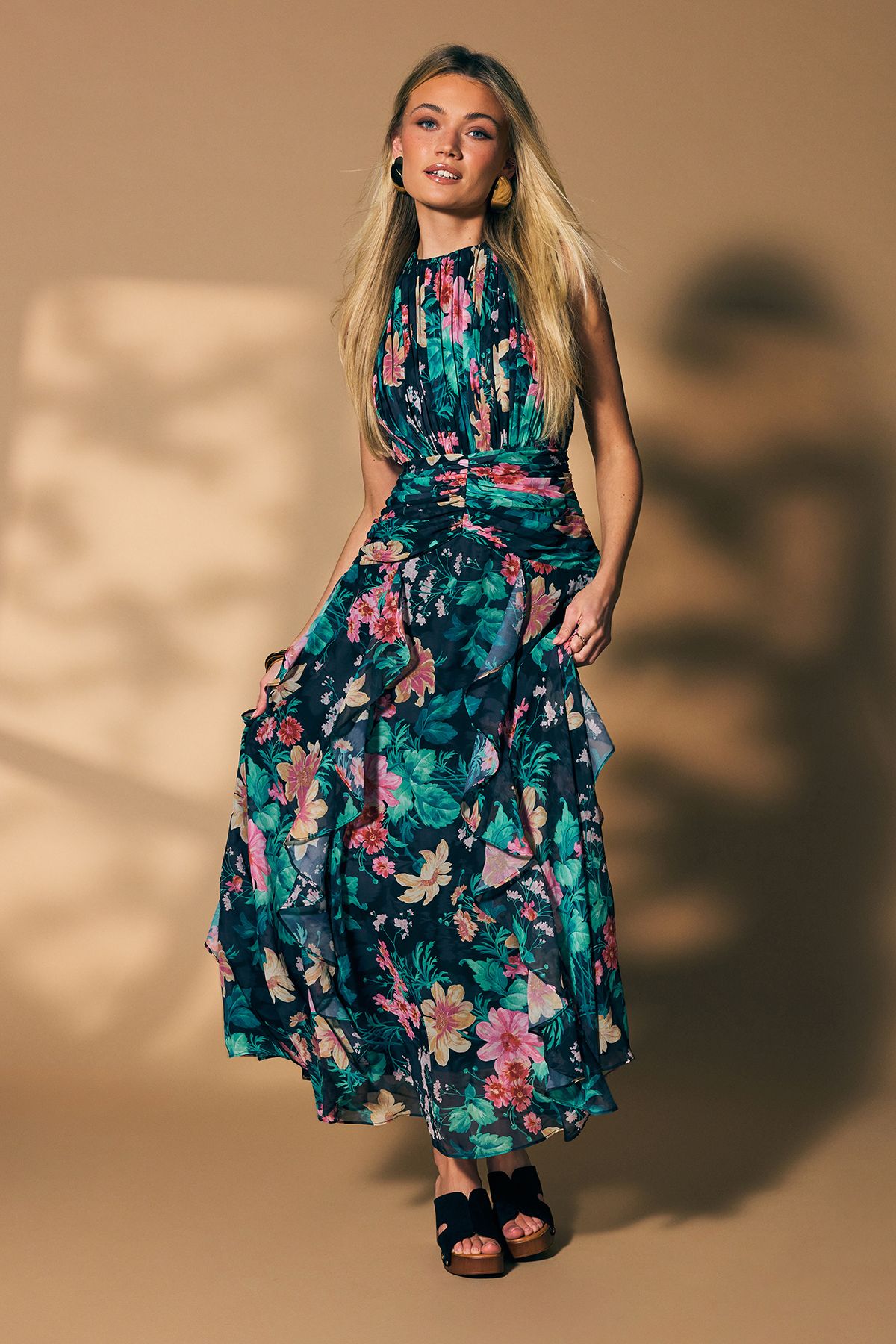 Floral Waist Detail Ruffle Maxi Dress
