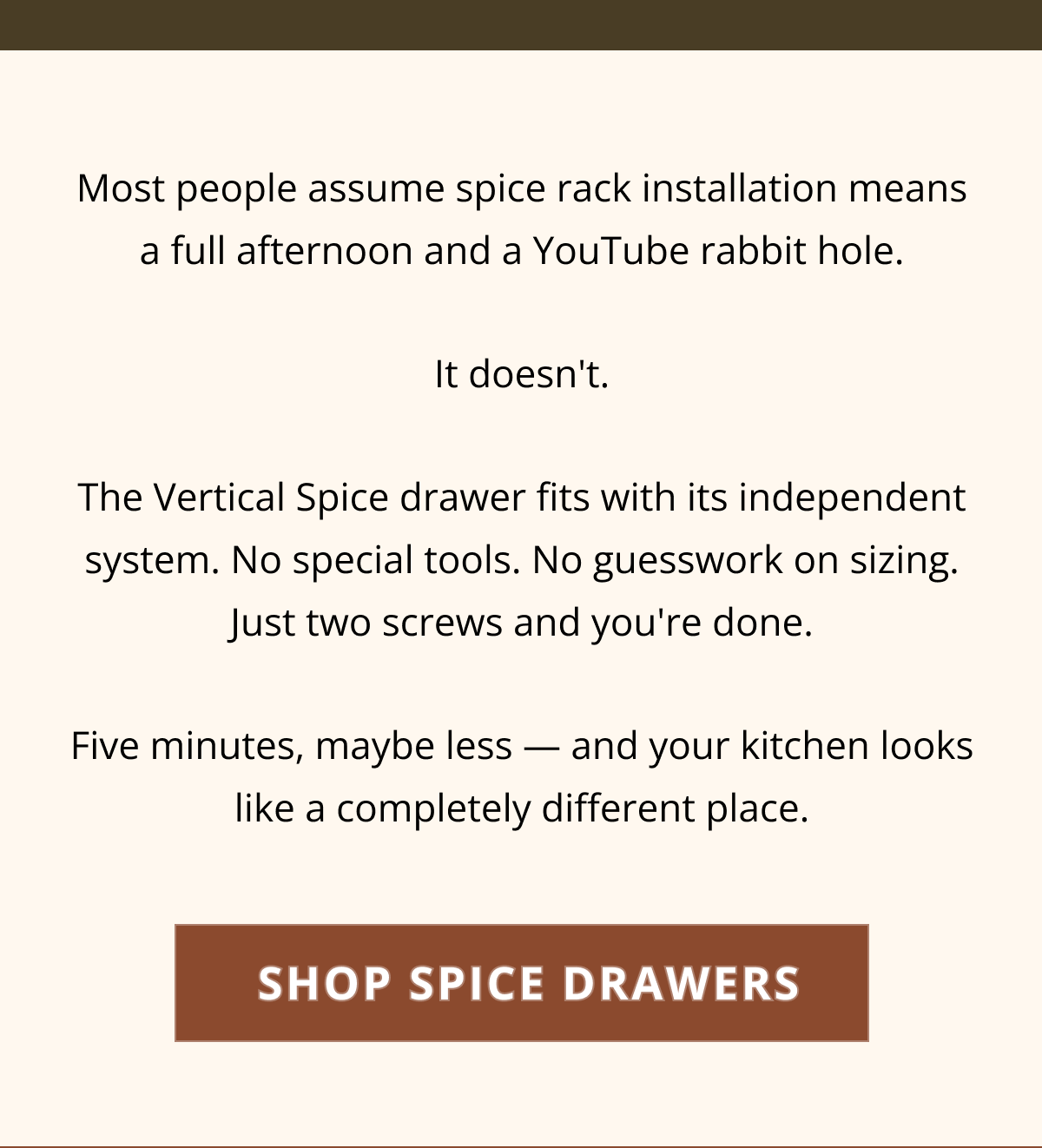Text explaining easy Vertical Spice rack installation that requires only two screws and no special tools.