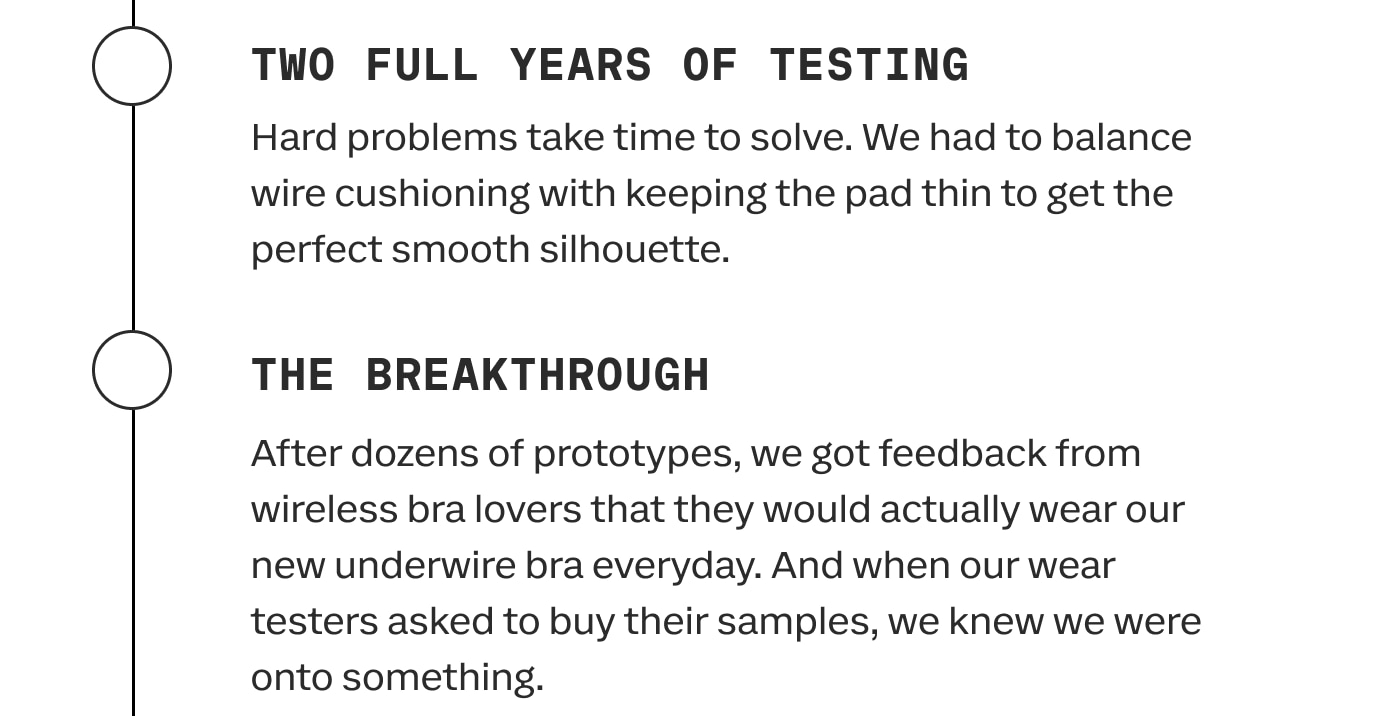 TWO FULL YEARS OF TESTING | Hard problems take time to solve. We had to balance wire cushioning with keeping the pad thin to get the perfect smooth silhouette. | THE BREAKTHROUGH | After dozens of prototypes, we got feedback from wireless bra lovers that they would actually wear our new underwire bra everyday. And when our wear testers asked to buy their samples, we knew we were onto something.