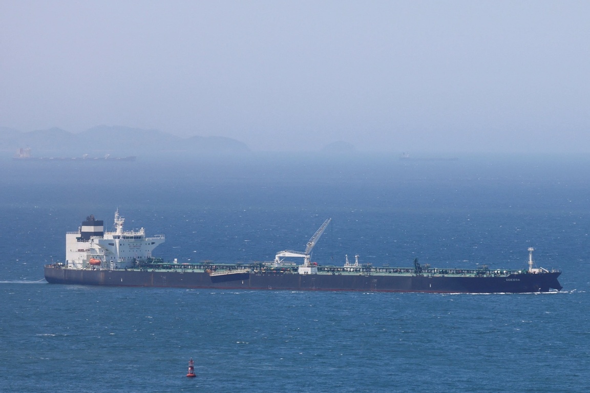 Crude oil tanker Odessa, carrying UAE crude after passing through the Strait of Hormuz with its Automatic Identification System transponder turned off, navigates the waters at Daesan port