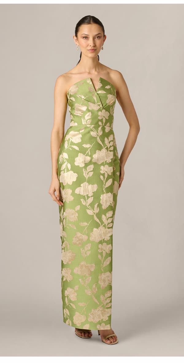 Strapless Draped Floral Jacquard Column Gown In Fern