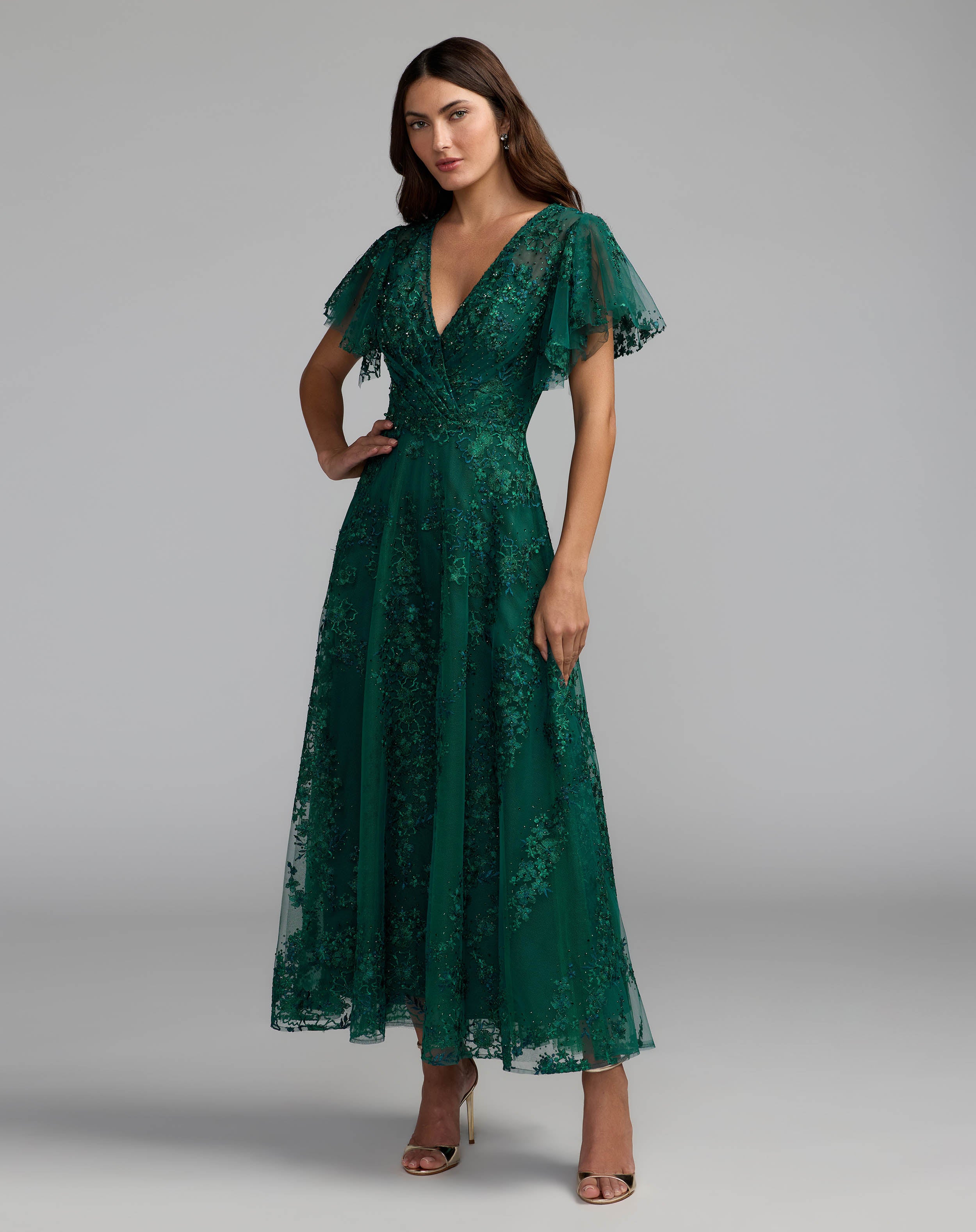 Image of Green Embroidered Flutter Sleeve A Line Dress