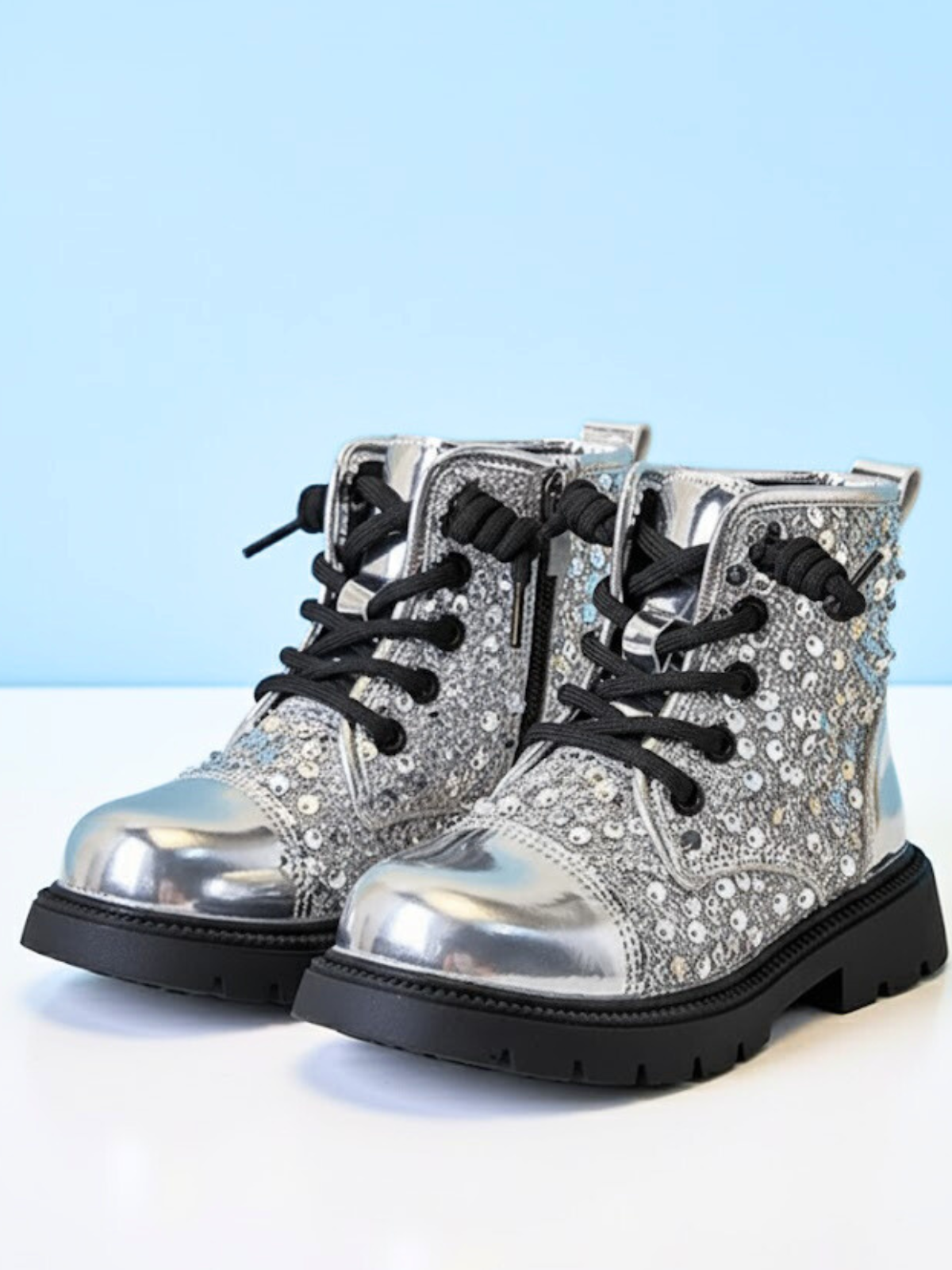 Image of Girls Silver Sequined Combat Boots by Liv and Mia
