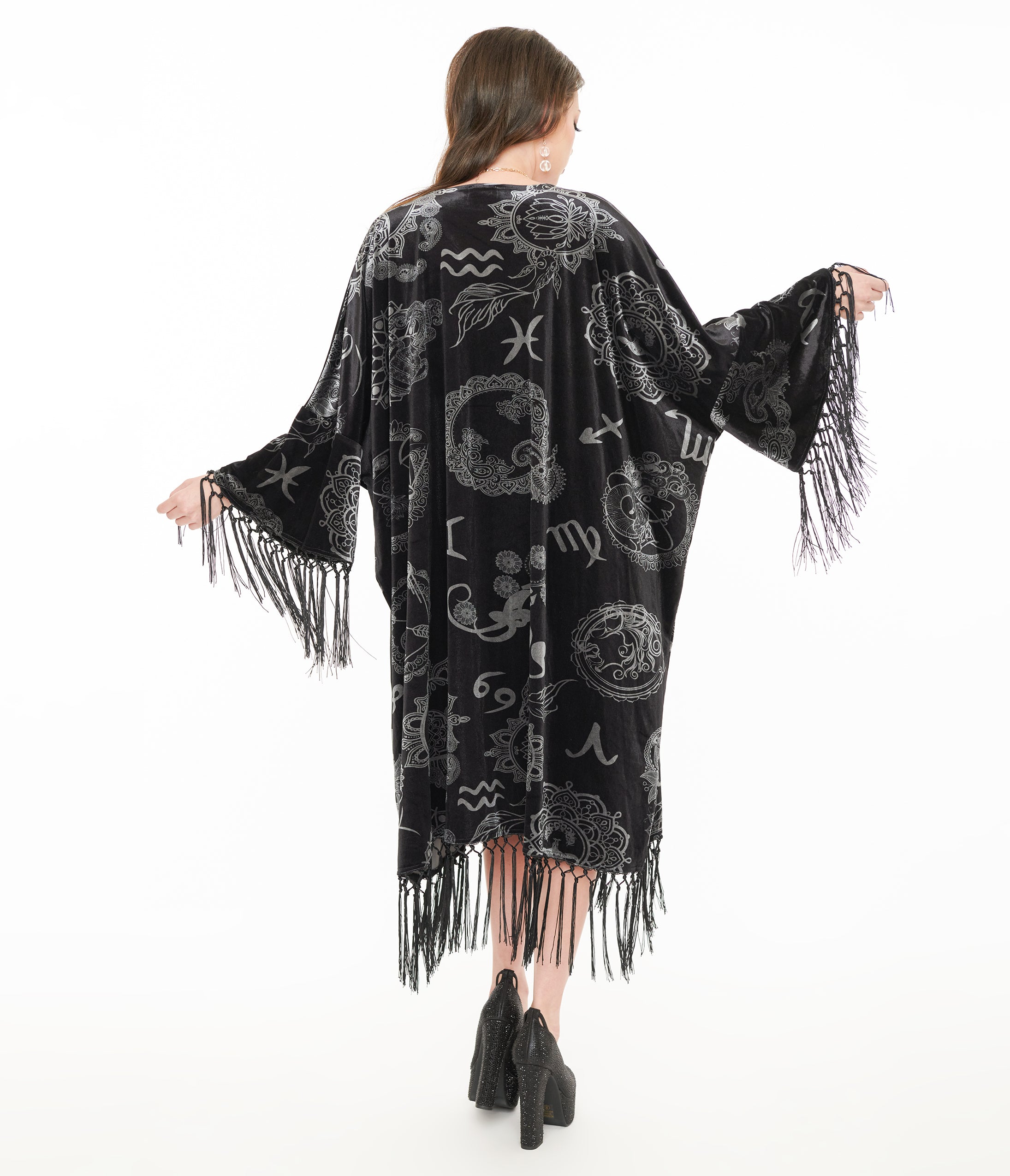 Image of Unique Vintage 1920s Silver & Black Velvet Zodiac Fringe Kimono