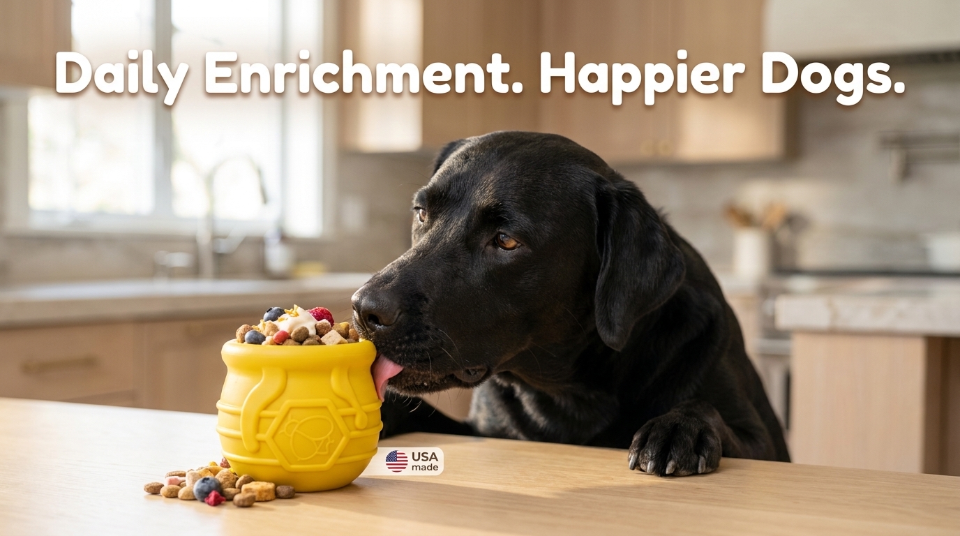 Daily Enrichment. Happier Dogs. Dog enjoying enrichment play with SodaPup Honey Pot Treat Dispenser
