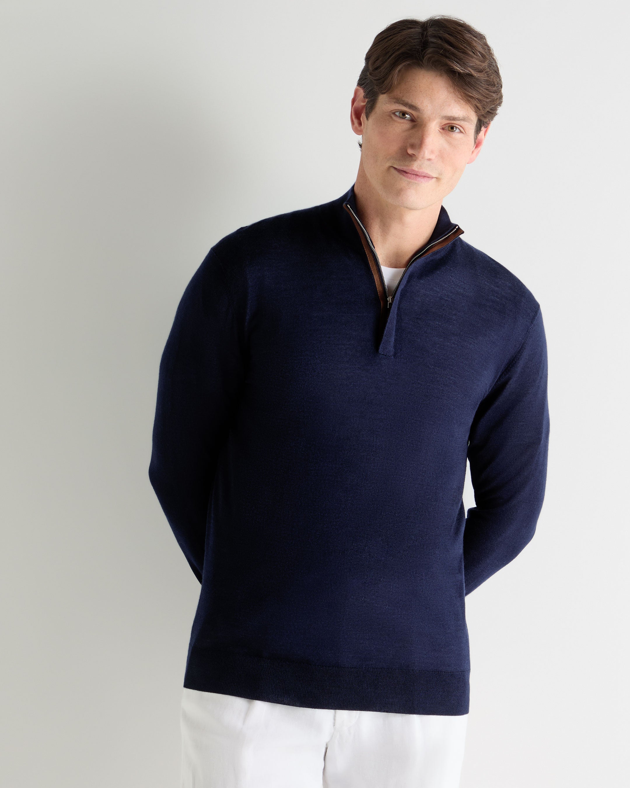 Image of Men's Regent Fine Gauge Cashmere Half Zip Sweater Summer Navy Blue