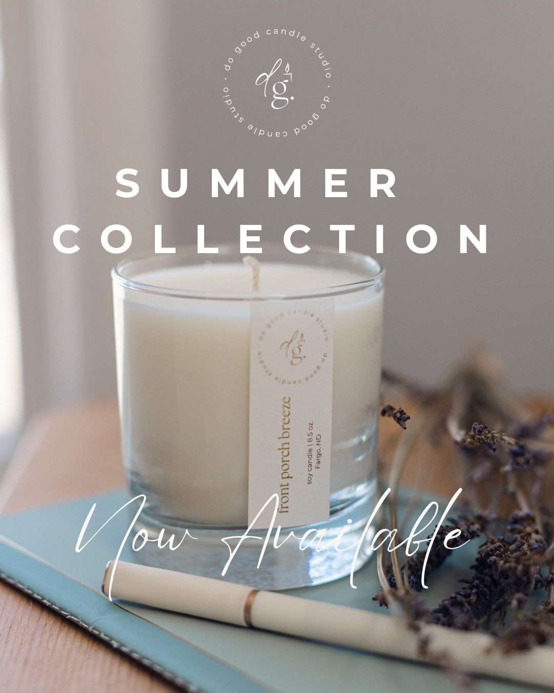 image of front porch. breeze on a journal withe a pen and florals nearby with text overly "summer collection now available)