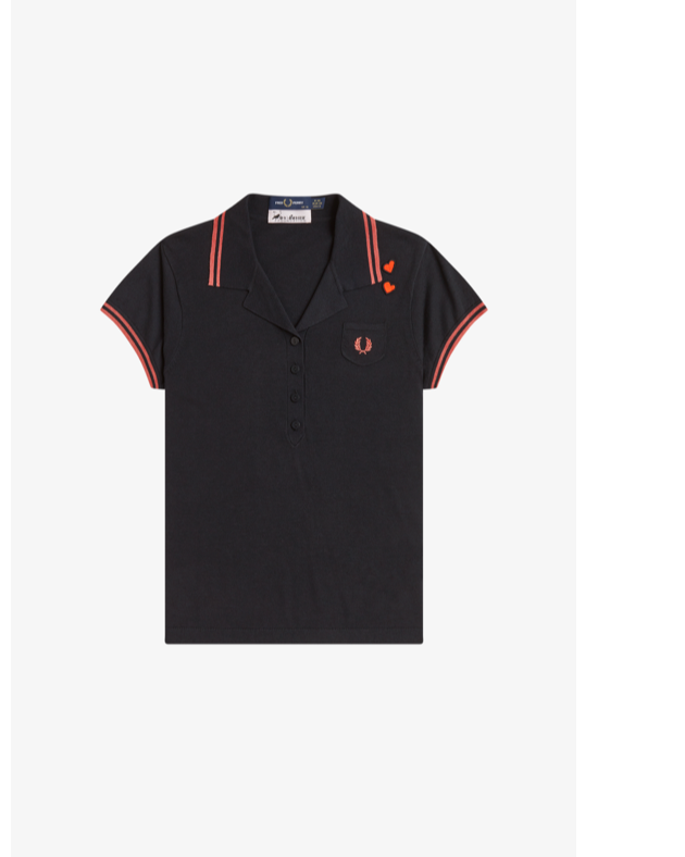 Women's black revere collared polo shirt with coral pink twin tipping from the Amy Winehouse collection