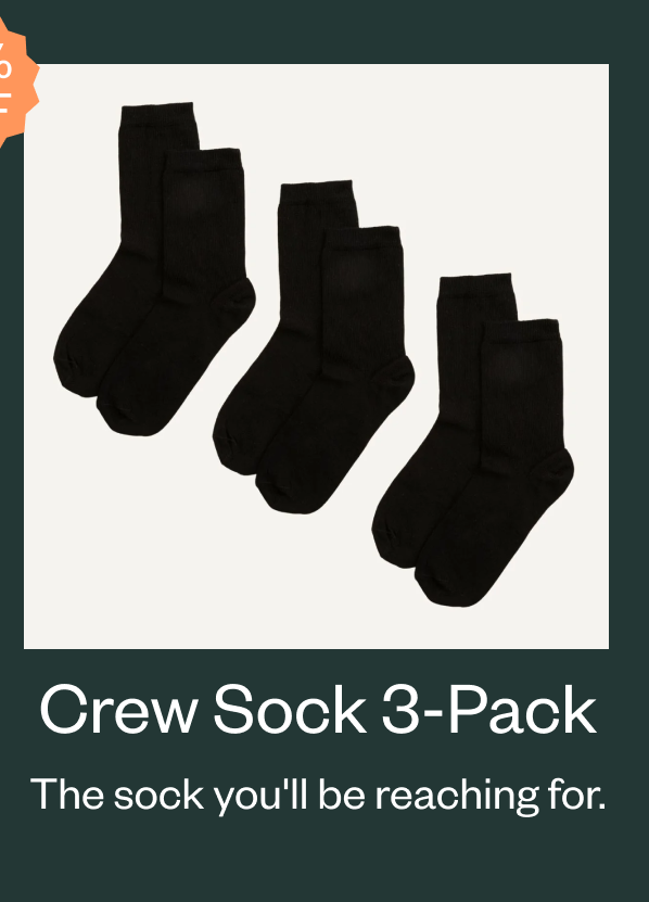 Three pairs of black crew socks stacked side by side.