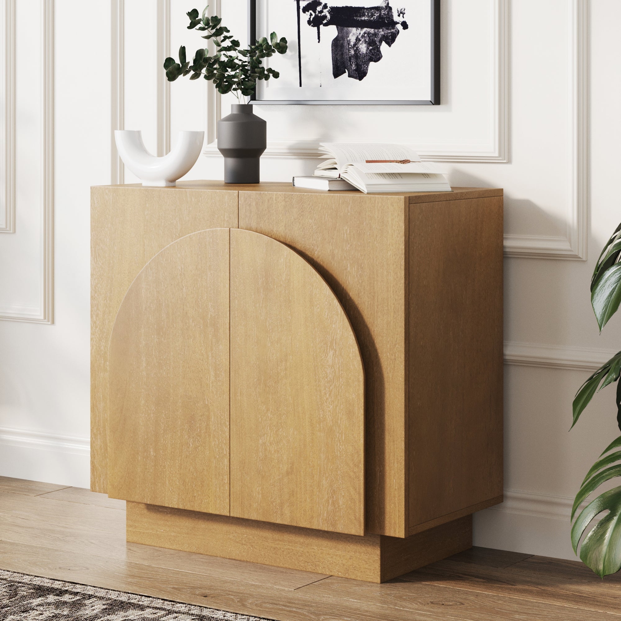 Image of Wood Mid-Century Arched Storage Cabinet Light Brown