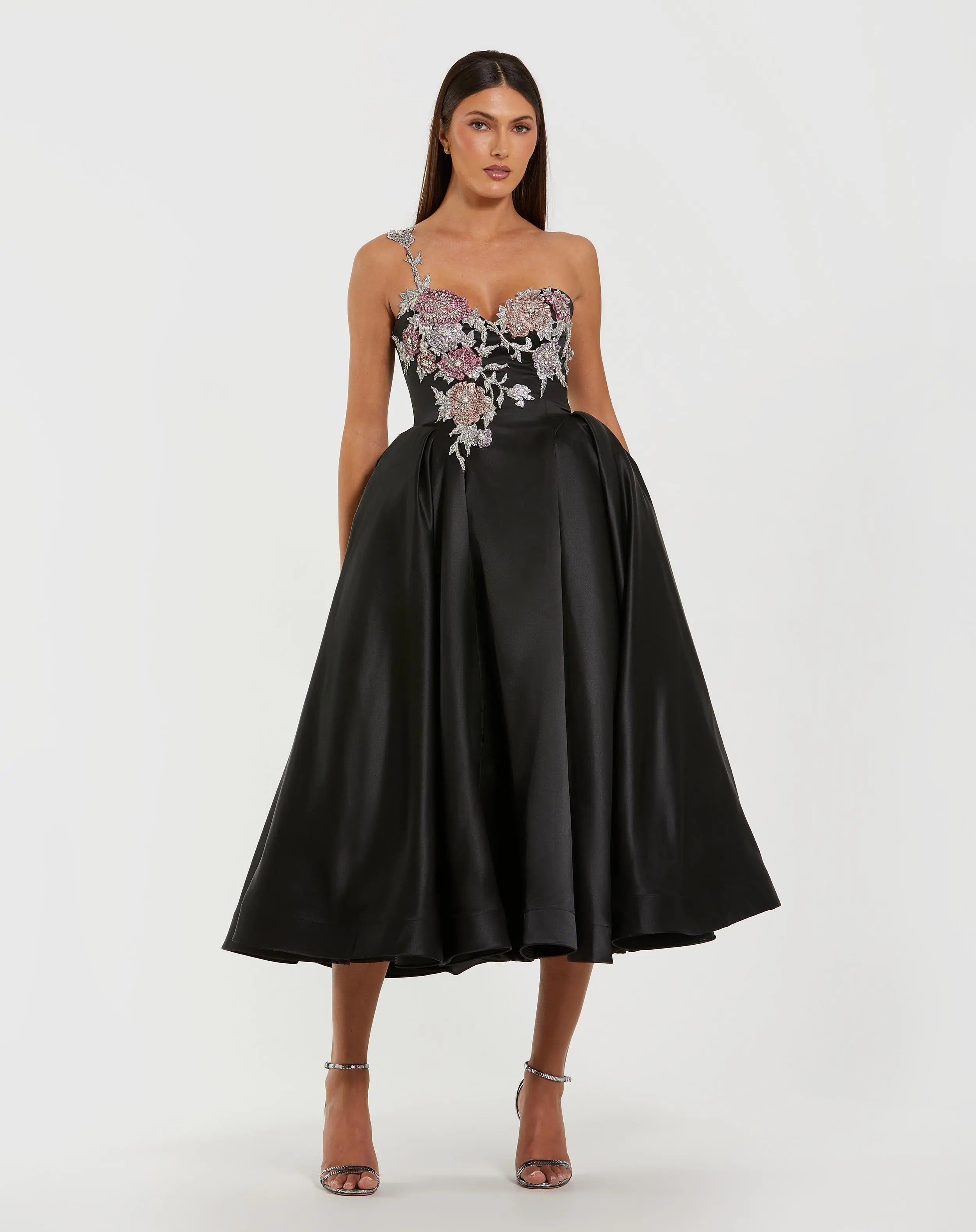 Image of Black One Shoulder Satin Midi Dress With Beaded Flowers