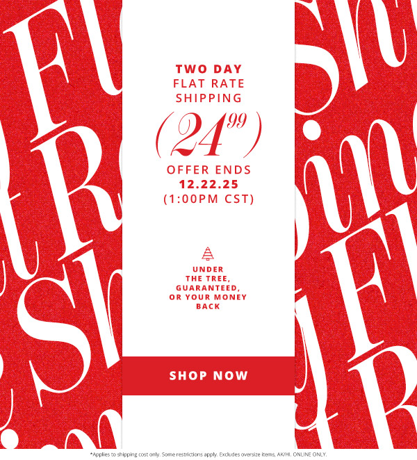 Two day flat rate shipping, $24.99, offer ends 12/22/25 at 1:00 PM CST. Under the tree, guaranteed, or your money back.