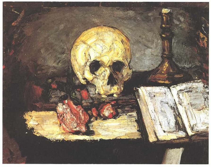 Paul Cézanne, “Still life with skull, candle, and book”