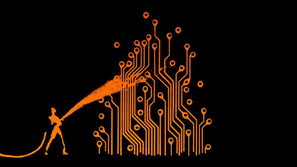 Illustration of a firefighter extinguising a circuit board. 
