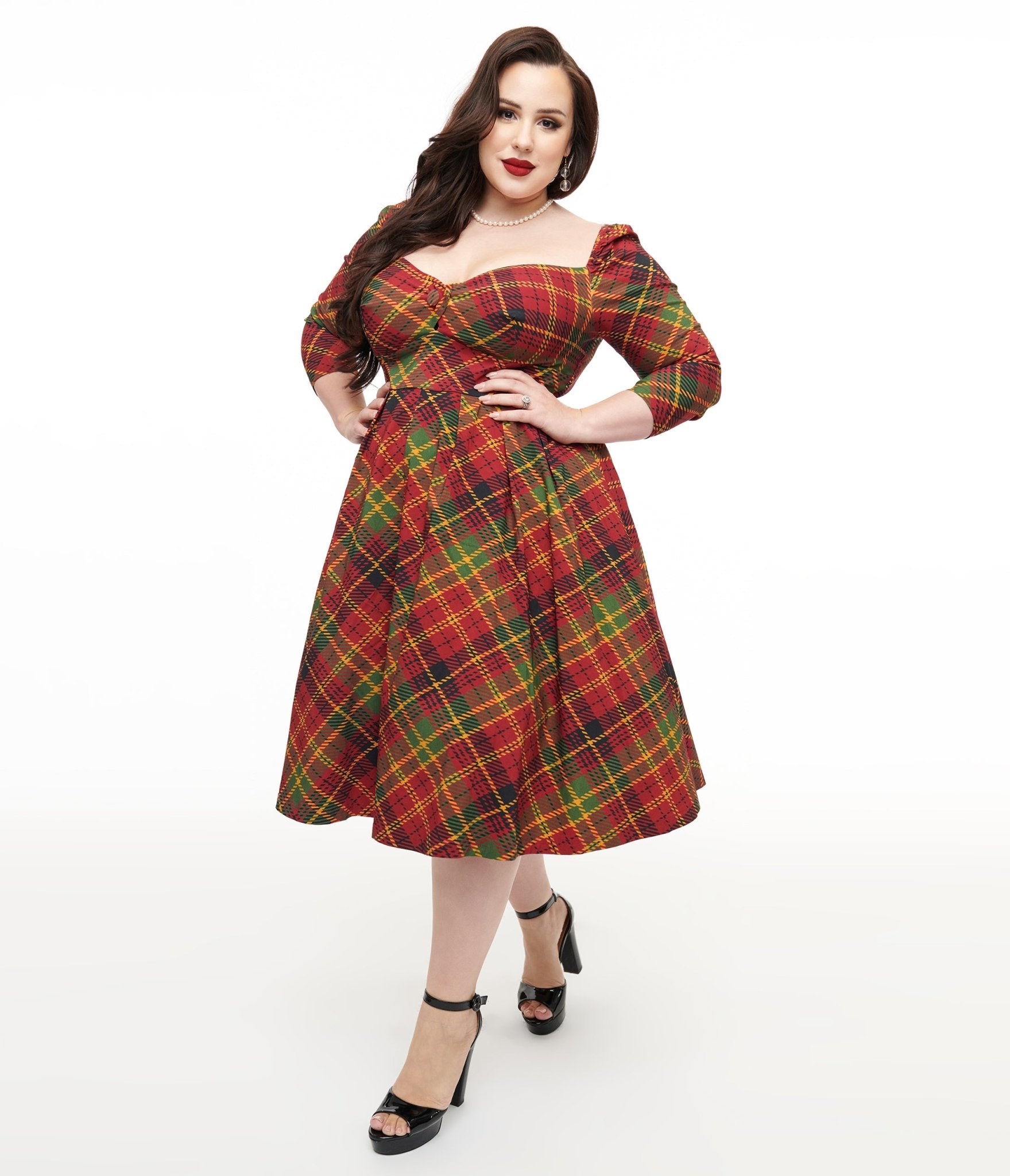 Image of Unique Vintage Plus Size 1950s Burnt Orange & Green Plaid Lamar Swing Dress