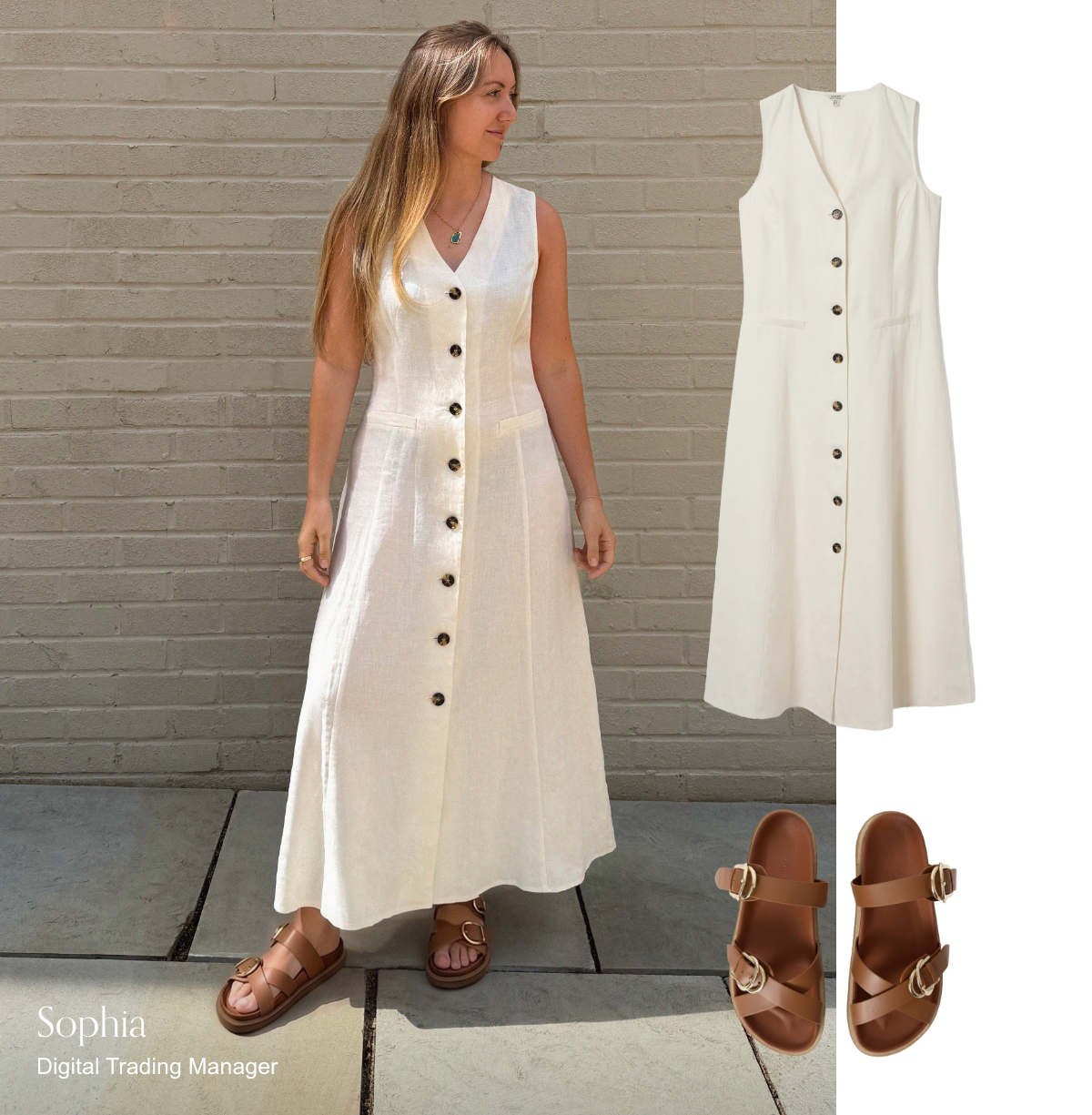 V neck linen dress with button front ecru colour