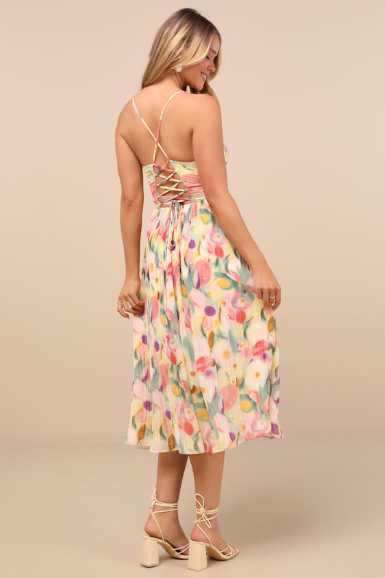 Image of Aleyna Yellow Abstract Pleated Lace-Up Bustier Midi Dress