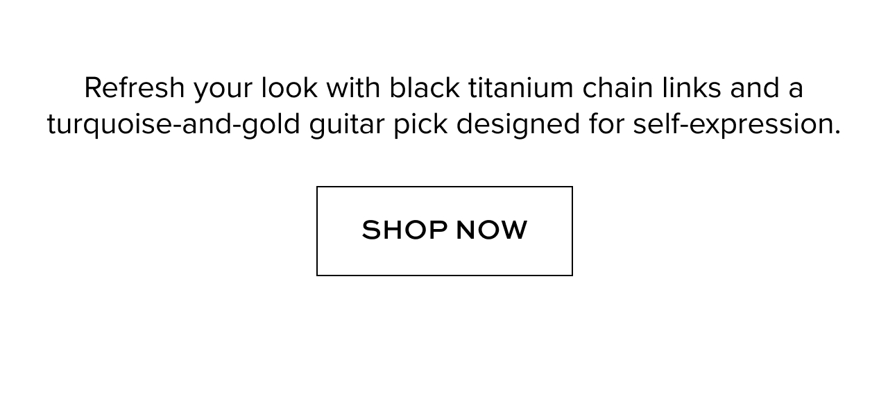 Refresh your look with black titanium chain links and a turquoise-and-gold guitar pick designed for self-expression.
