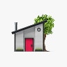 Illustration of a house with a red door and an asymmetrical roof.