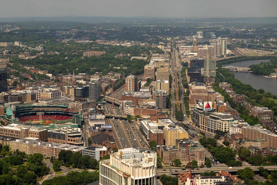 Photo: Boston skyline from the west over BU's campus including Fenway Park
