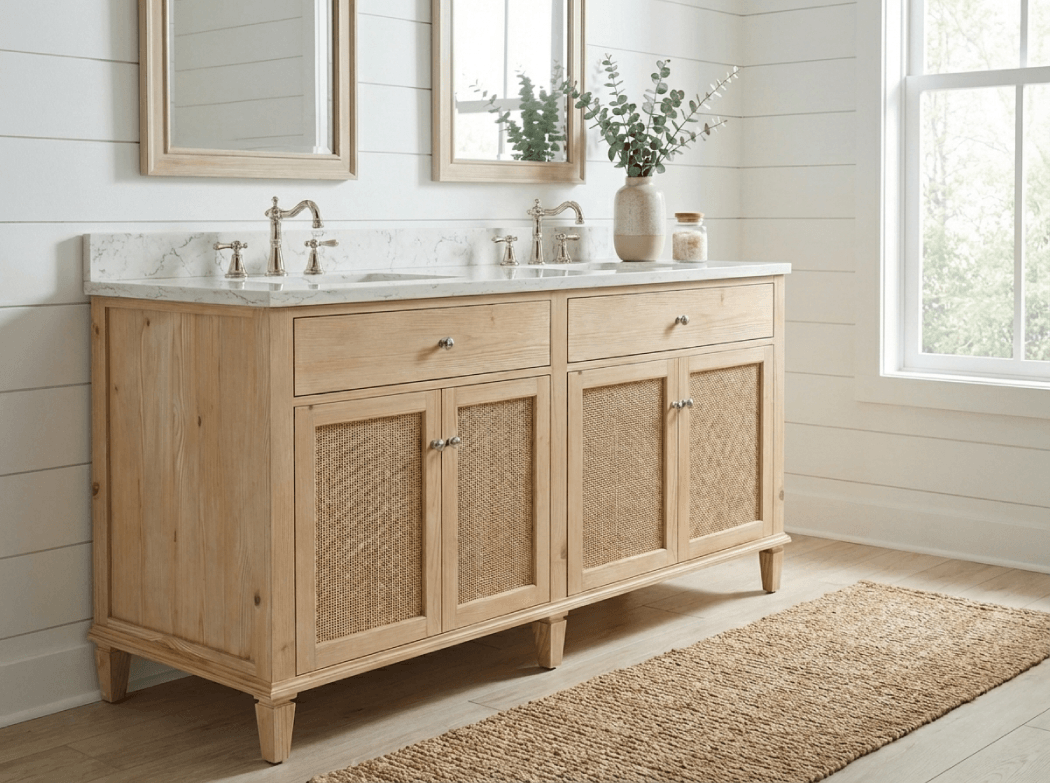 Wooden vanity with double sink and mirrors.