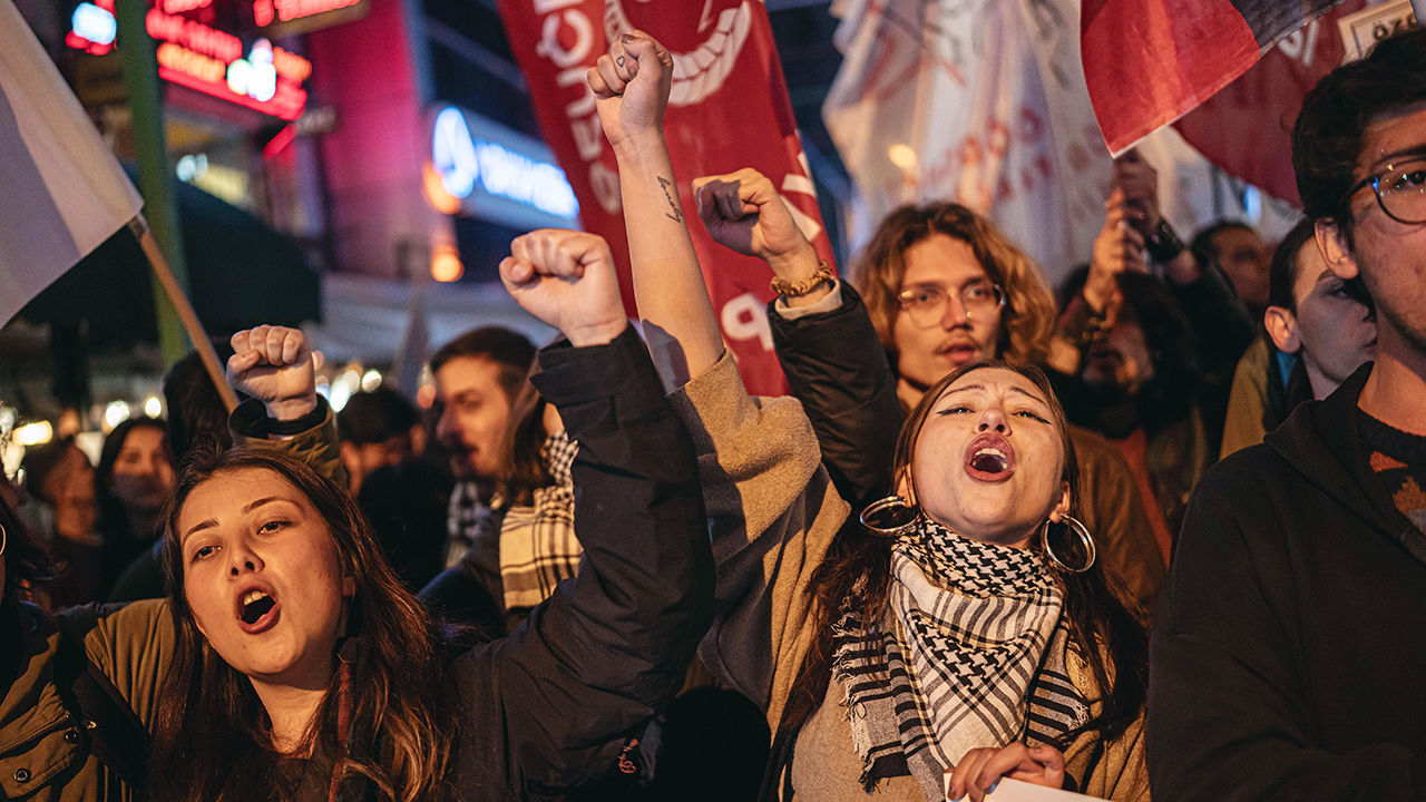Students chant slogans during the demonstration, Ankara, Turkey