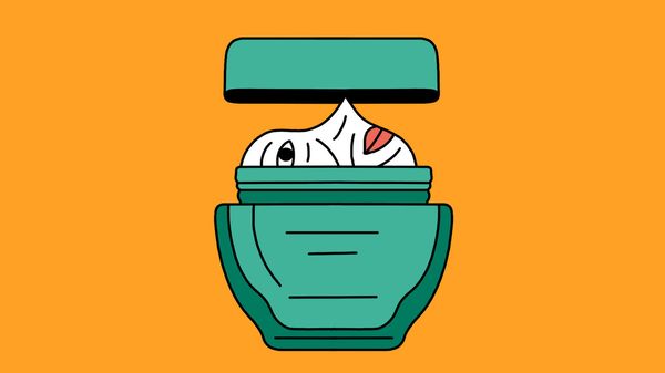 illustration of a wrinkled face emerging from an open anti-ageing cream jar on an orange background.