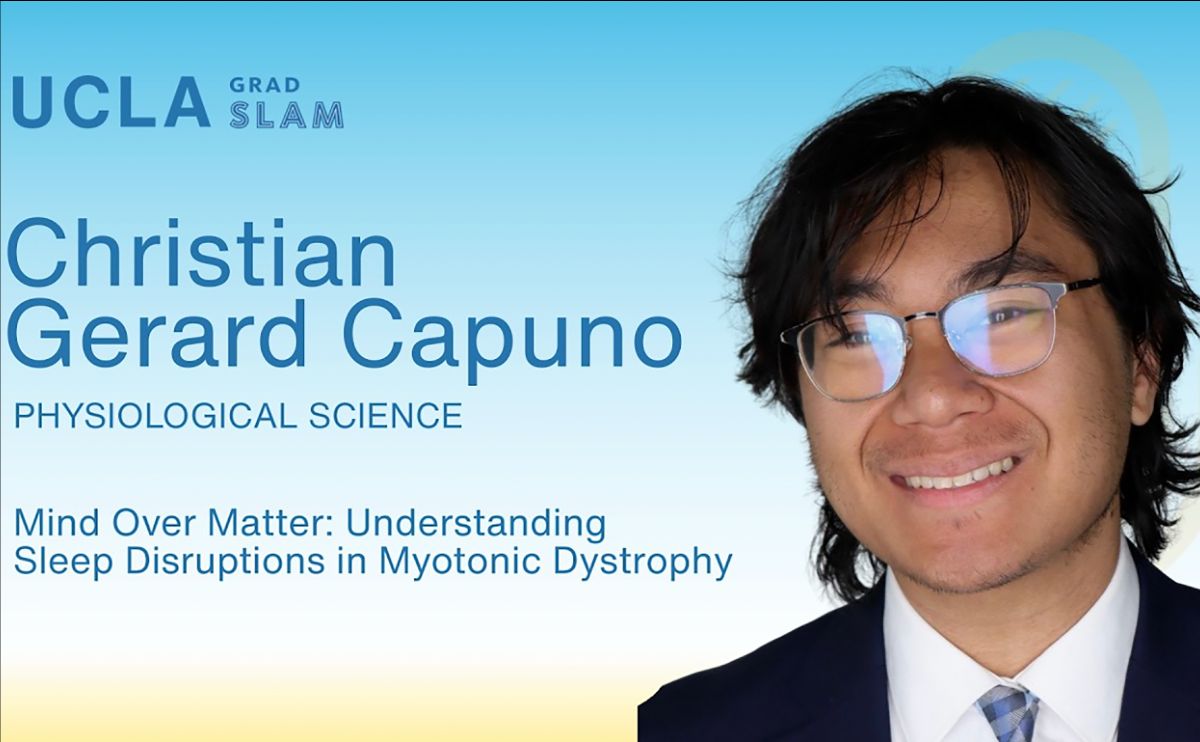 Head-and-shoulders photo of Christian Gerard Capuno against light blue and yellow background with UCLA Grad Slam and his name