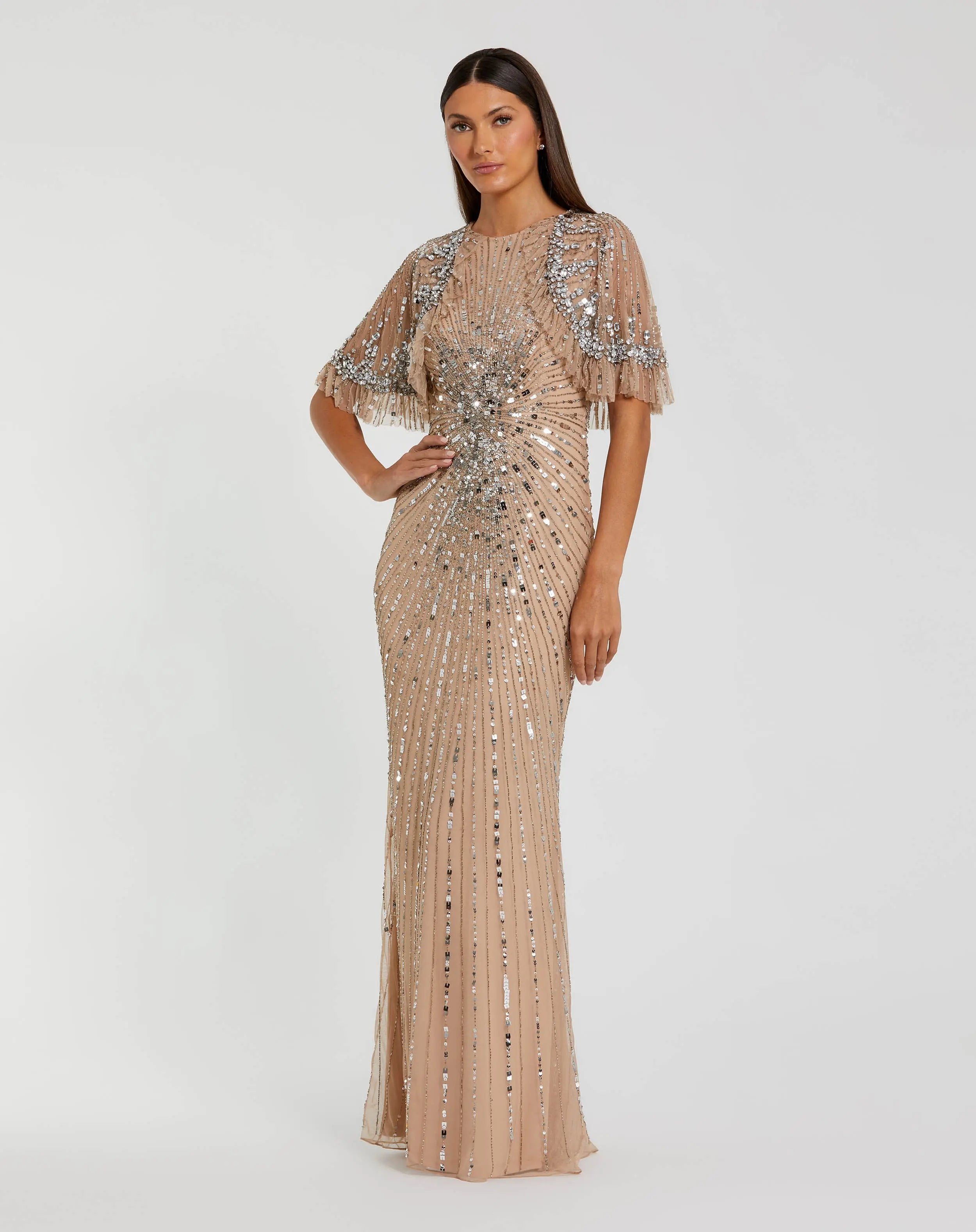 Image of Beige Embellished Mesh Fitted Gown With Capelet