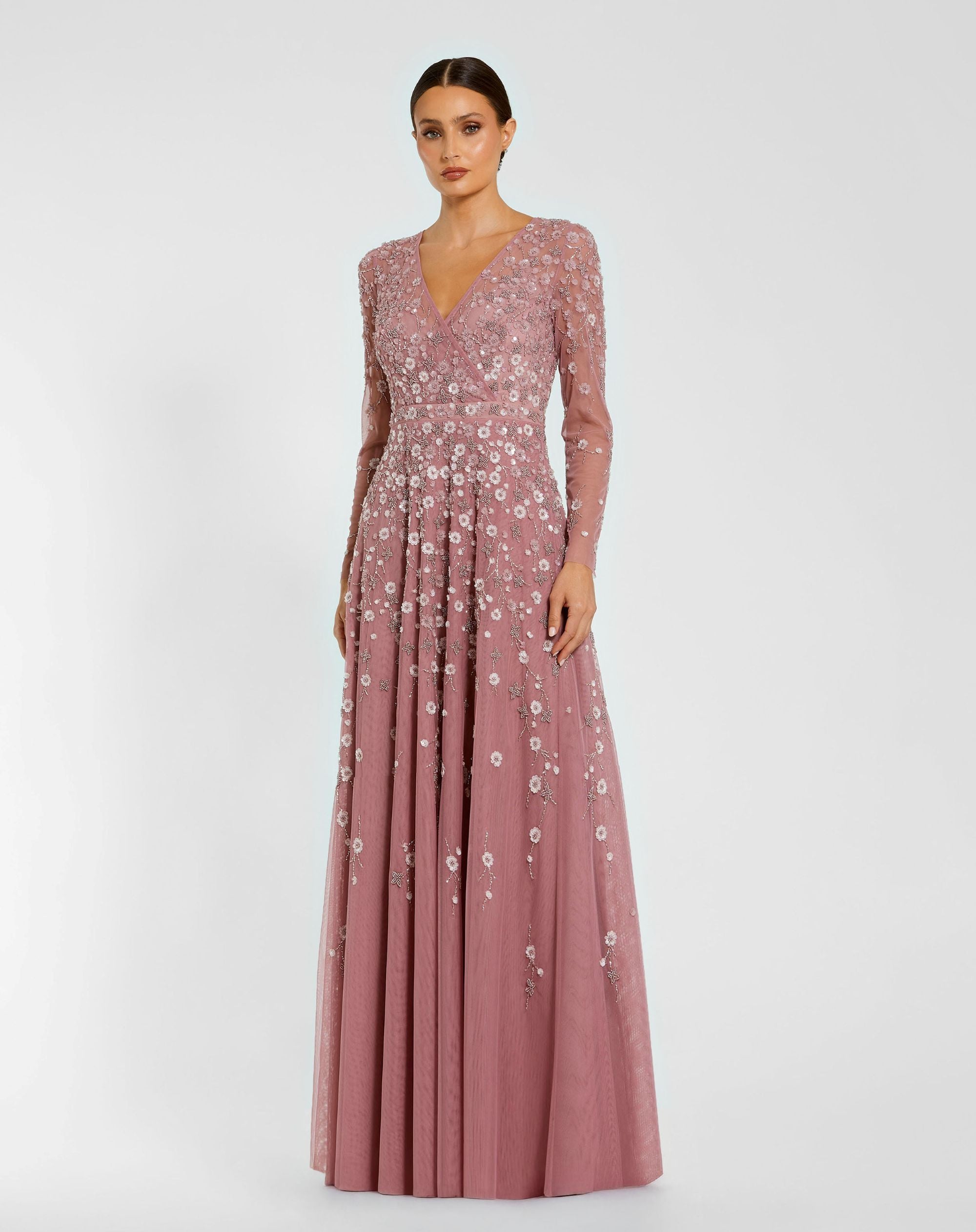 Image of Purple Embellished Wrap Over Illusion Long Sleeve A Line Gown