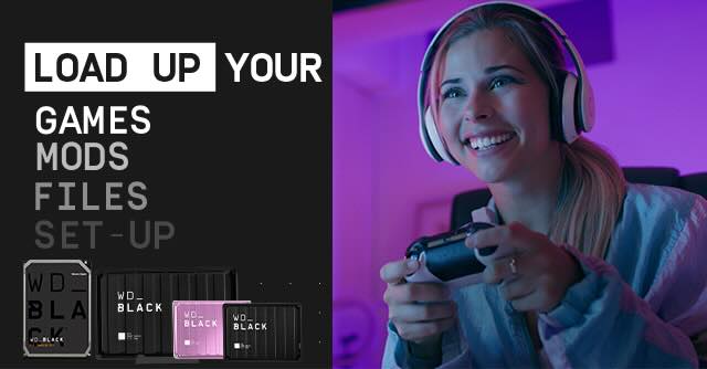 A gamer smiles while playing a video game, next to an ad for WD_BLACK storage drives.