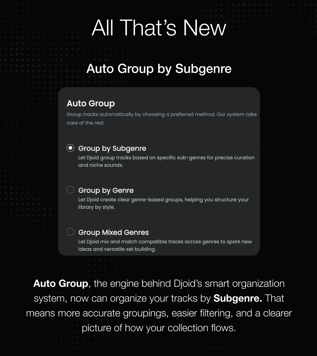 all that's new autogroup by subgenre: the engine behin djoid's smart organization system, now can organize your tracks by subgenre