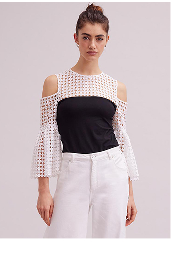 Black and White Cold Shoulder Top With Geometric Cutouts