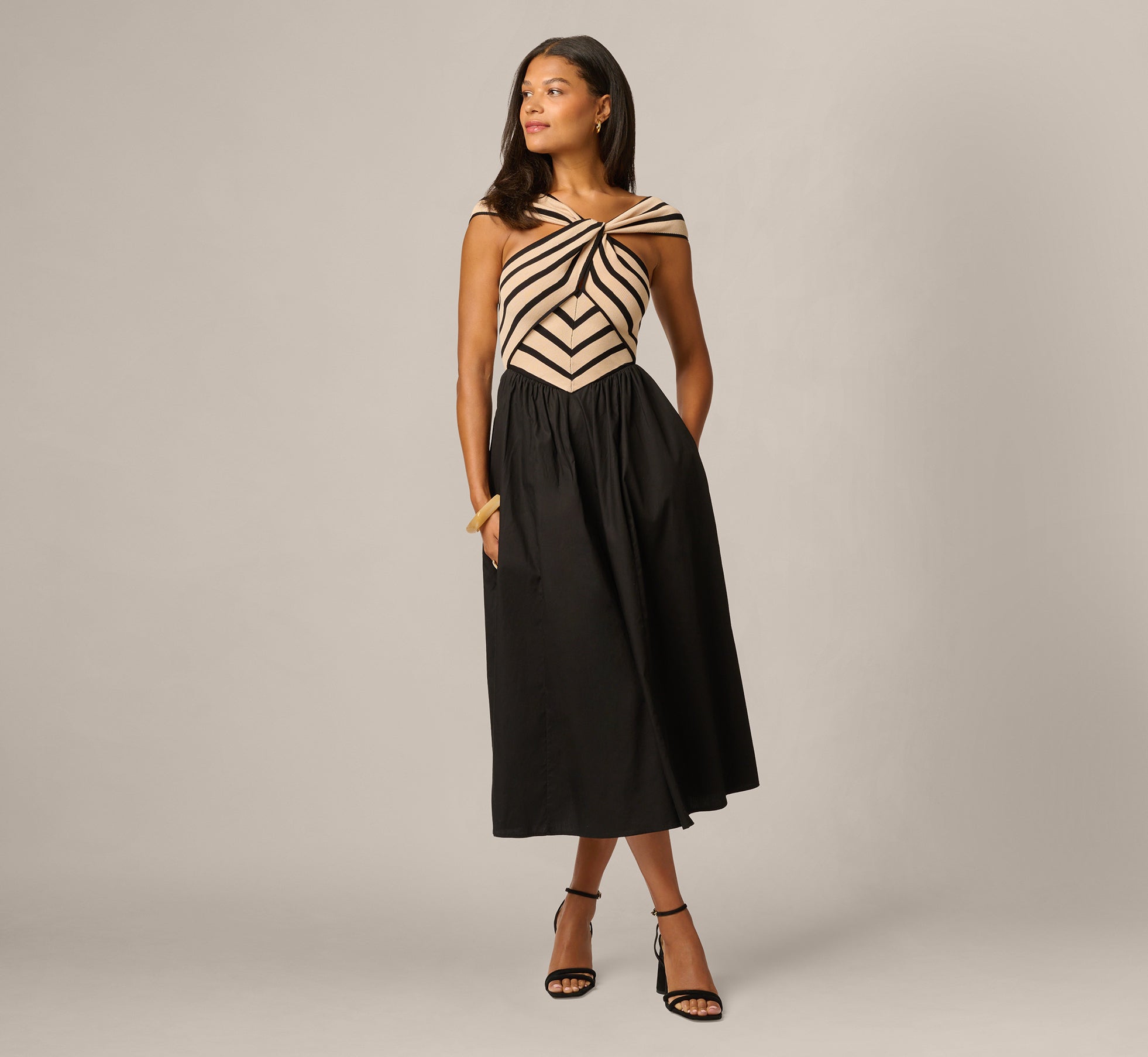 Image of Off Shoulder Chevron Cotton Combo Midi Dress In Black Ecru