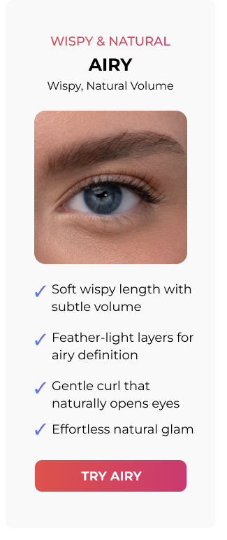 Airy Lashies card showing wispy natural volume with product benefits and Try Airy button