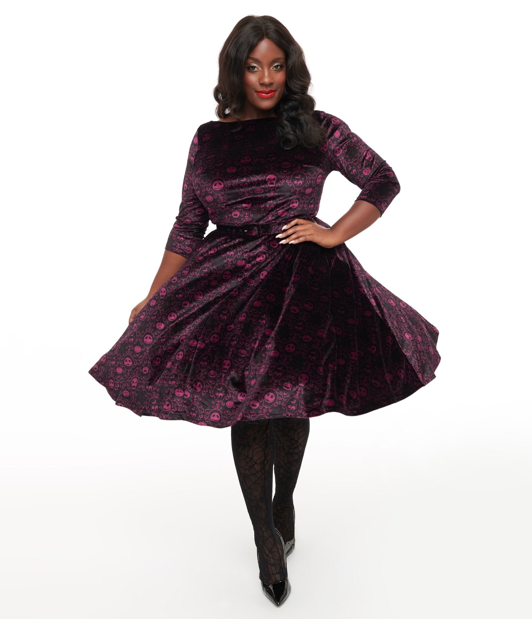 Image of Tim Burton's The Nightmare Before Christmas by Unique Vintage Plus Size Eggplant Baroque Jack Skellington Devon Swing Dress