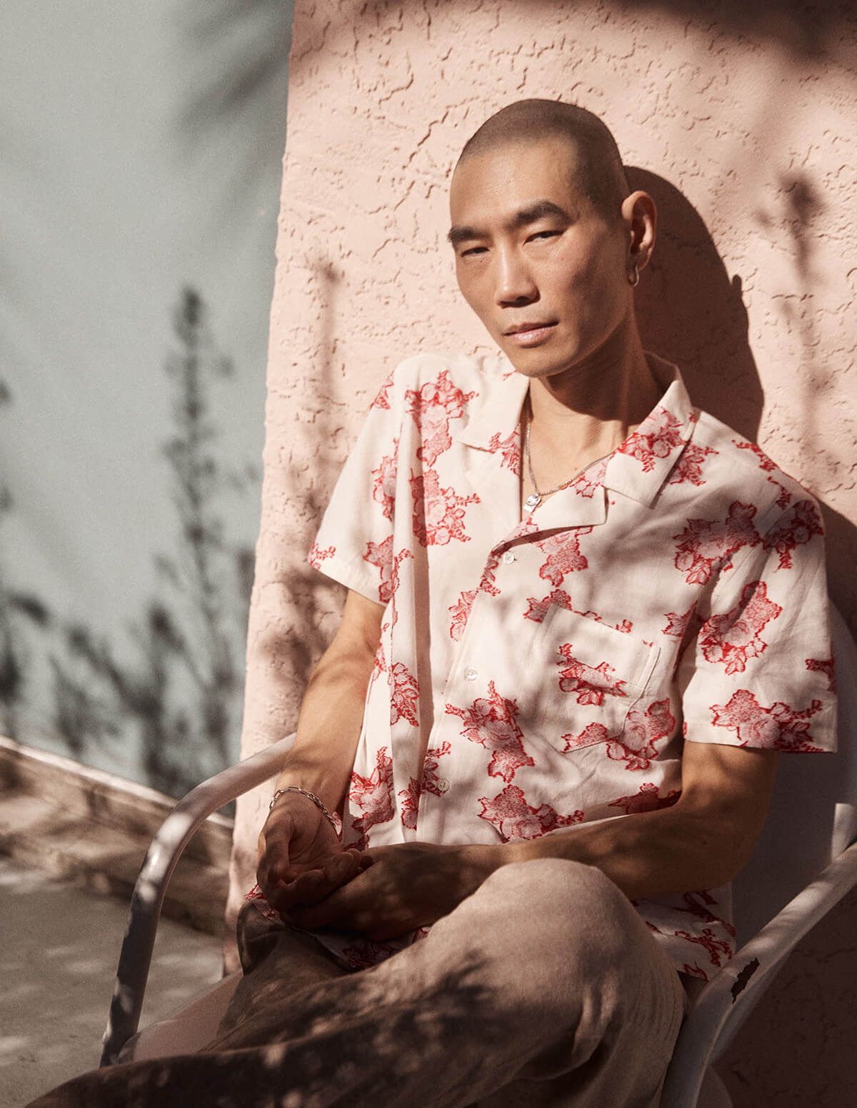 Male model wears Billy Reid shirting.