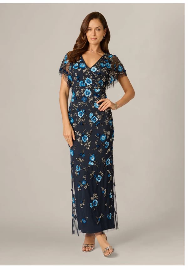 Flutter Sleeve Floral Beaded Column Gown In Midnight Multi