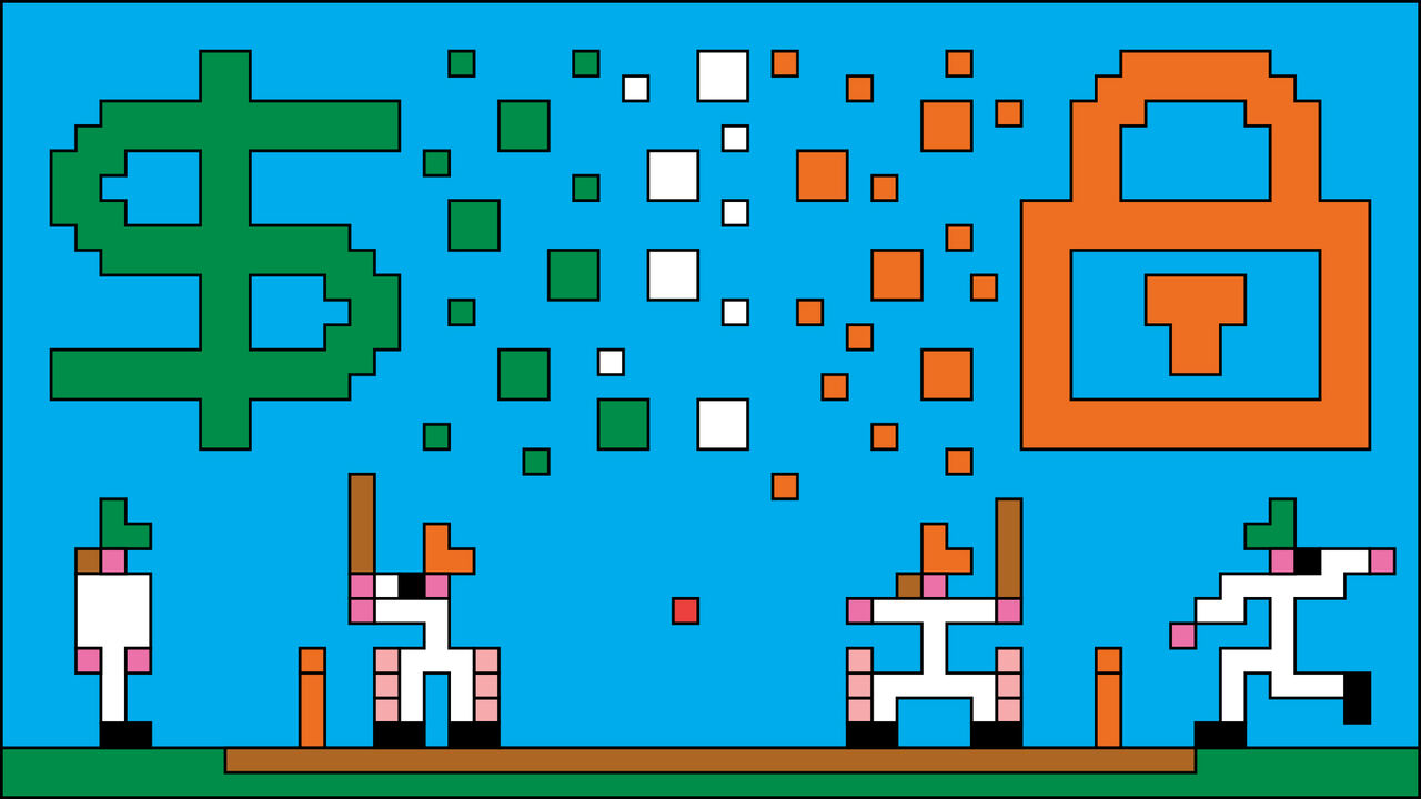 An illustration of cricket players and a dollar sign turns into a lock. the colours are the ones from the India flag. 