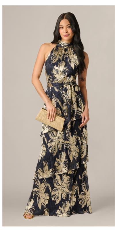 Floral Metallic Chiffon Tiered Halter Gown In Navy Gold