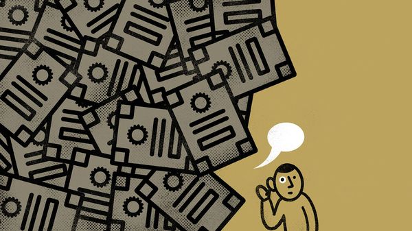 A person listens anxiously as a huge pile of documents looms overhead