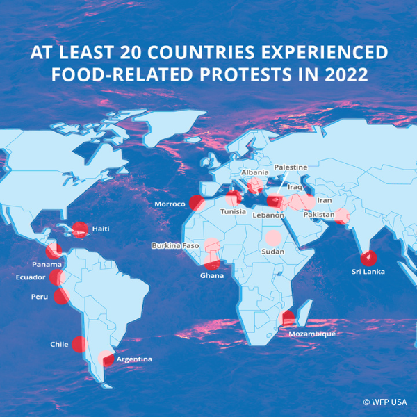 Map of the world with 20 points for 20 countries that experienced food-related protests in 2022.