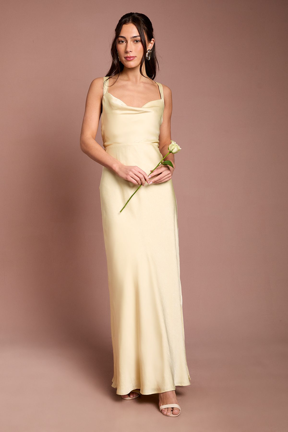 Butter Yellow Cross Shoulder Tie Back Satin Maxi Bridesmaid Dress