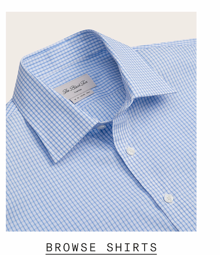 Close-up of a folded light blue gingham dress shirt with a spread collar and white buttons, showing a The Black Tux label at the collar. Text reads: "BROWSE SHIRTS"